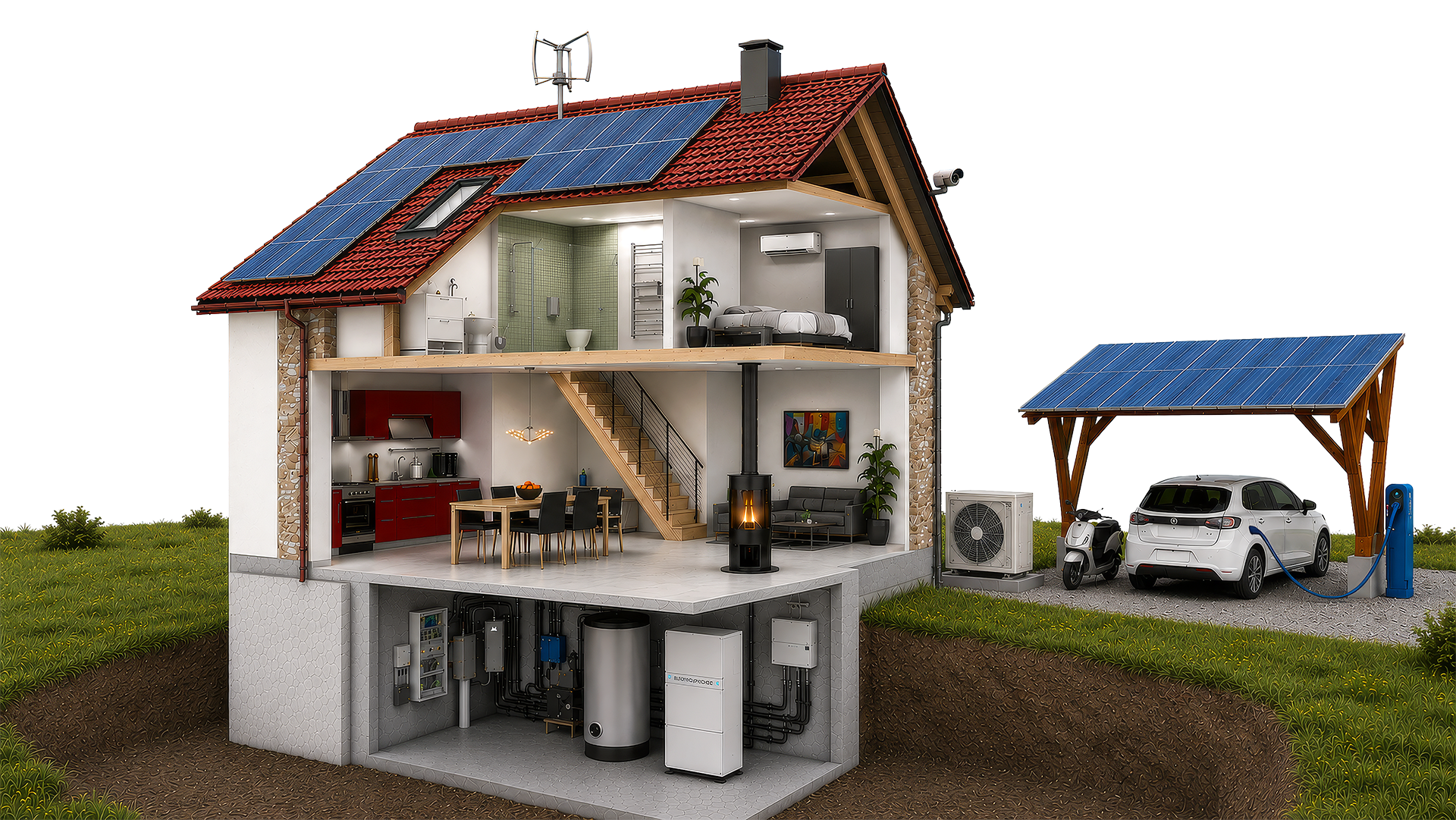 Energieautarkes Haus mit PV, Wärmepumpe, Kleinwindanlage und E-Auto-Ladestation